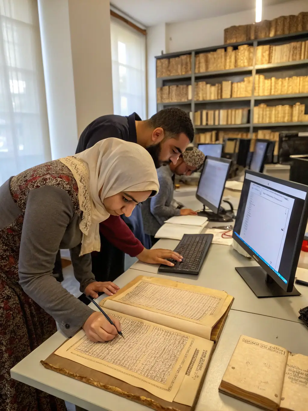 A vibrant photograph showcasing volunteers working on the restoration of historical documents in a library setting, emphasizing the Cultural Heritage Preservation Program.