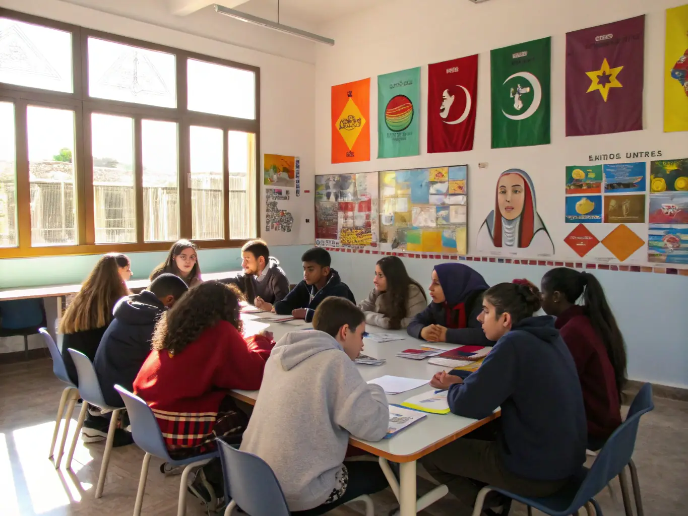 A photograph of a diverse group of students participating in a cultural exchange program, learning about traditional art forms and historical practices, highlighting DU MONDE ENTIER's commitment to education.