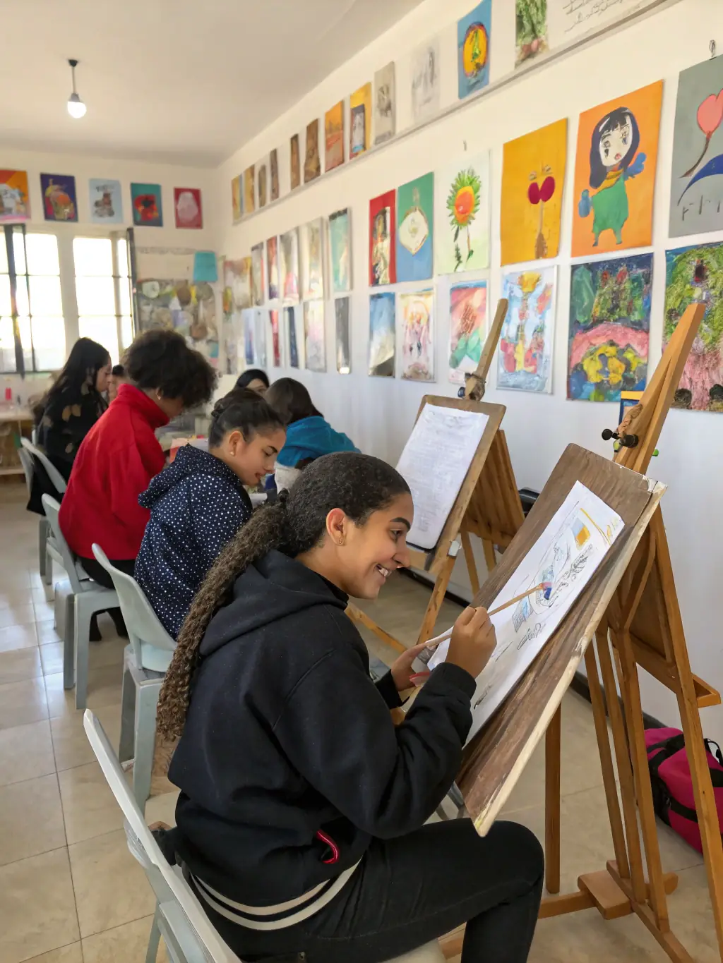 A dynamic image of a group of young people participating in an interactive workshop on traditional art forms, representing the Education and Exchange Initiatives.