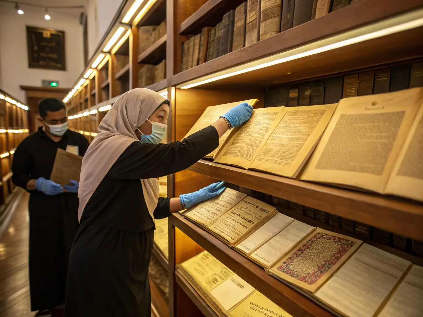 A vibrant image showcasing a team of volunteers working on restoring an ancient manuscript in a historical archive, emphasizing the hands-on preservation efforts of DU MONDE ENTIER.