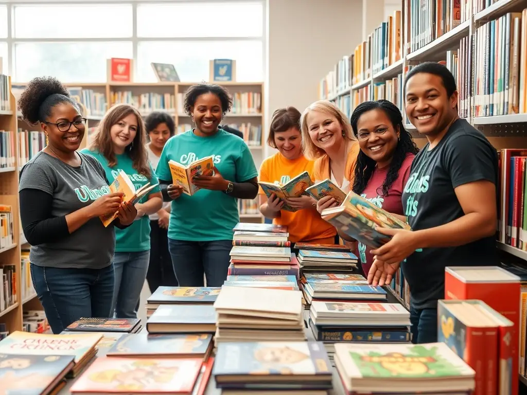 An image of a diverse group of volunteers working together to restore historical documents in a library setting, symbolizing community involvement in cultural preservation.