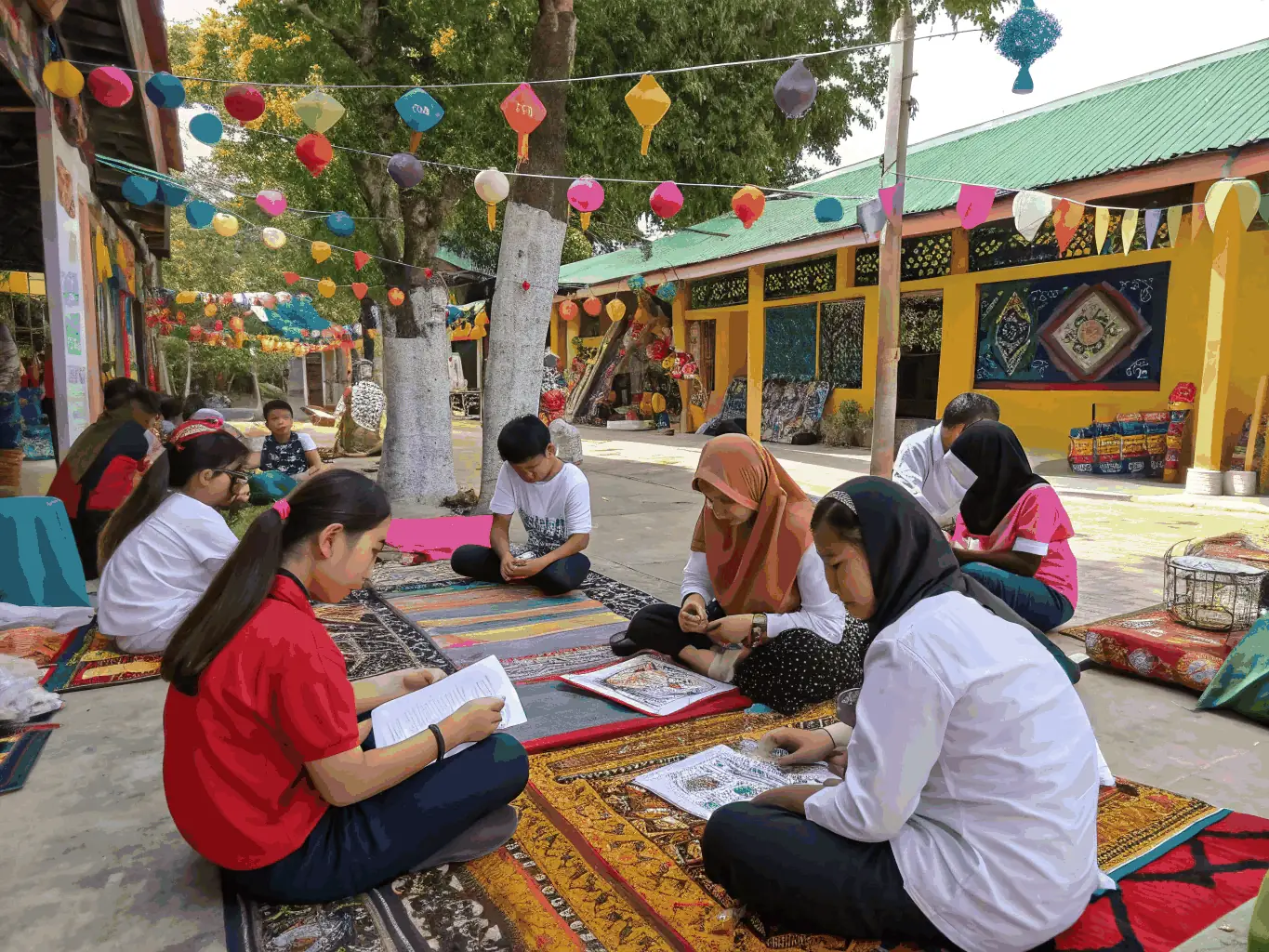 An image of a group of students participating in a cultural exchange program, learning about traditional music and dance from another country.